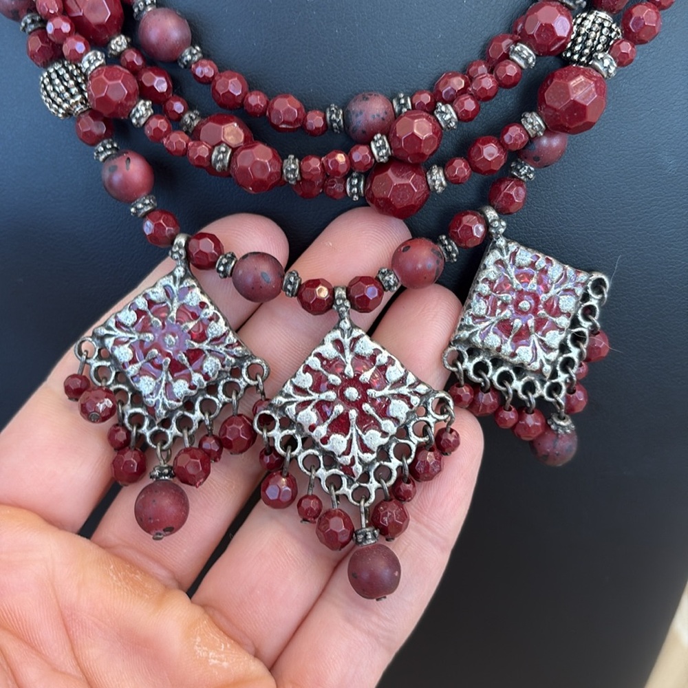 Chico's Multi Stranded Red Silver Statement Neckl… - image 2